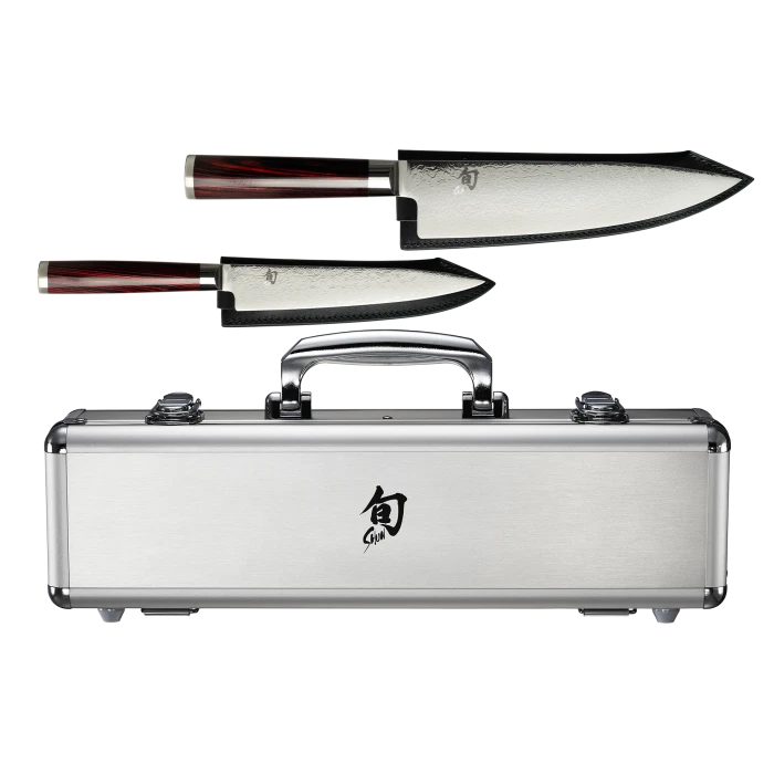 Shun Kohen Anniversary 2 Pc. Set: Utility 6" W/Leather Sheath, Chef's 8" W/Leather Sheath, Foam-lined Metal Case W/Handle